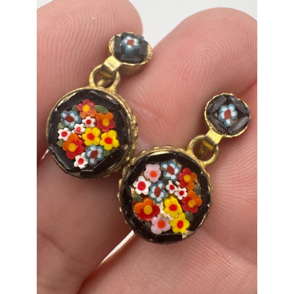Vintage Micro Mosaic Earrings Italian Screw Back Floral Tesserae